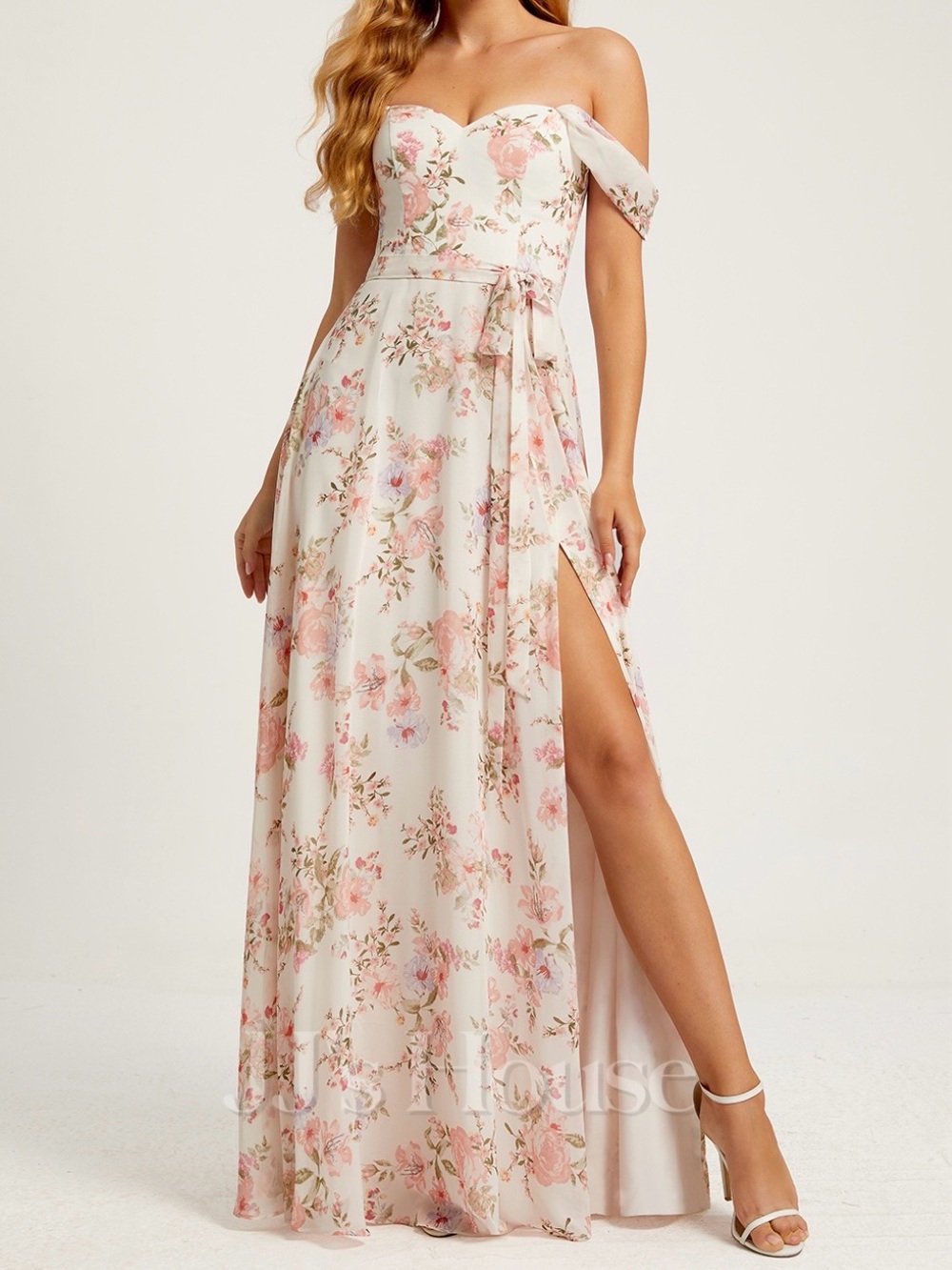 JJs House White Maxi Dress with Pink Floral Print